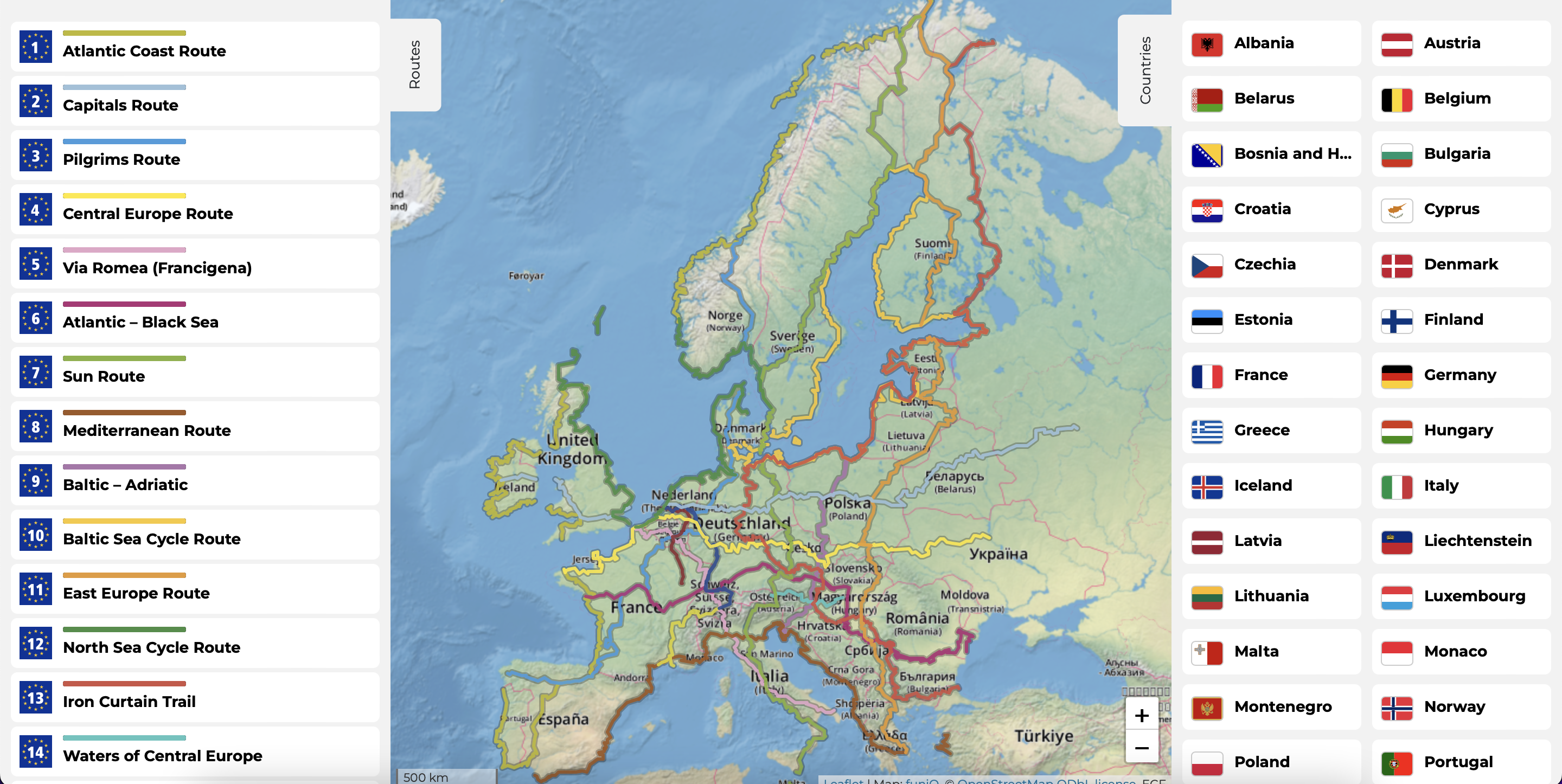 Peta jalur EuroVelo di seluruh Eropa.