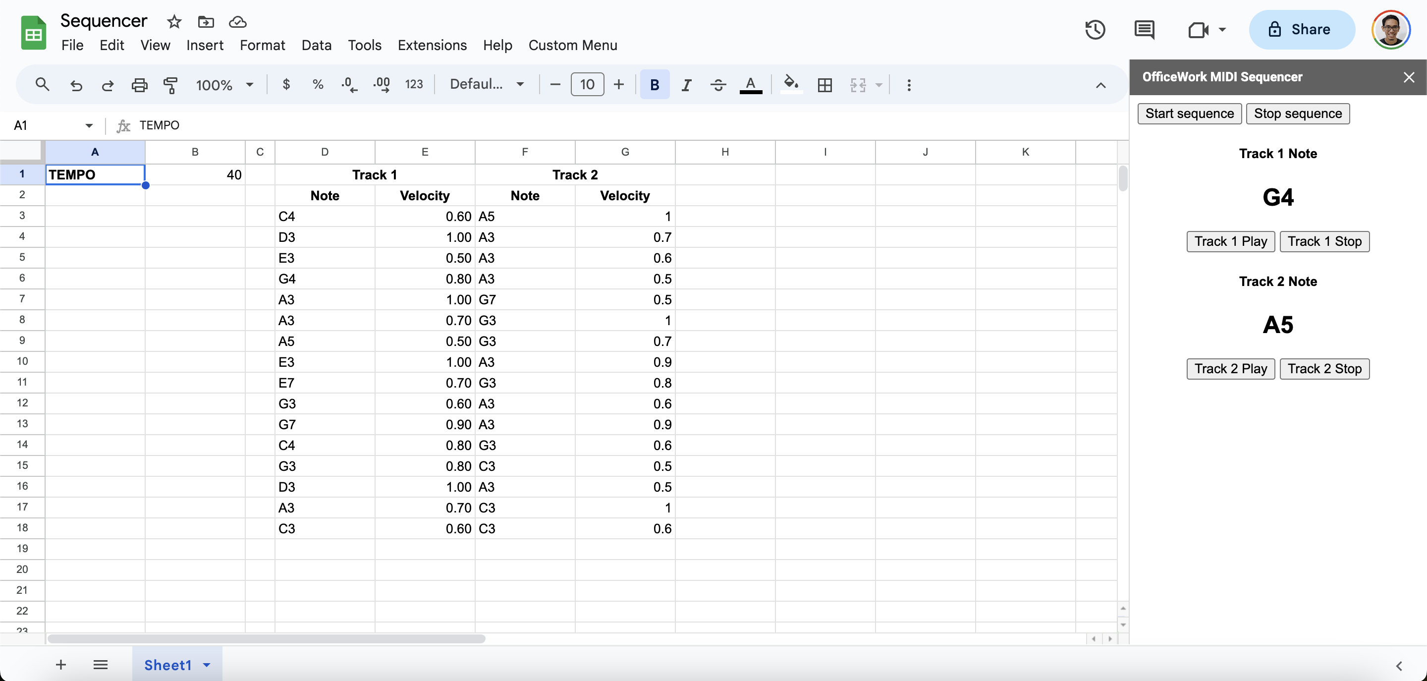 My music sequencer in Google Sheets