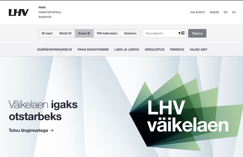 LHV login screen